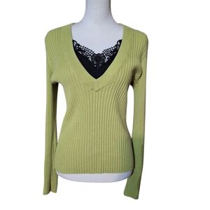 Chartreuse XL Ribbed 2fer Lace Y2K 00s 90s Sweater Preppy Indie Fairy Grunge